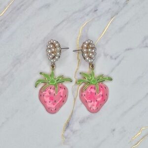 Pink Strawberry Earrings with Pearl Accents
